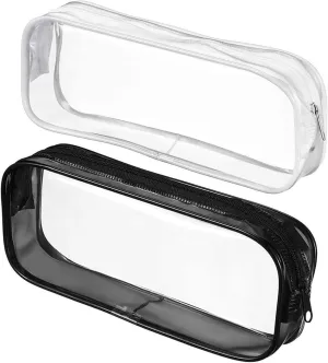 2pcs Clear Cases with Zipper, Multi-use Travel Makeup Brush Bags Toiletries Exam Pouch Case Travel Luggage Make up Cosmetic Bag (Black and White)