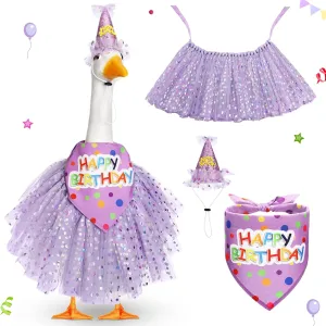 3 Pcs Birthday Porch Goose Outfit for 23" /17" Cement Lawn Goose Costume Happy Birthday Hat and Tutu Skirt Bandana for Outdoor Garden Lawn Art Decor