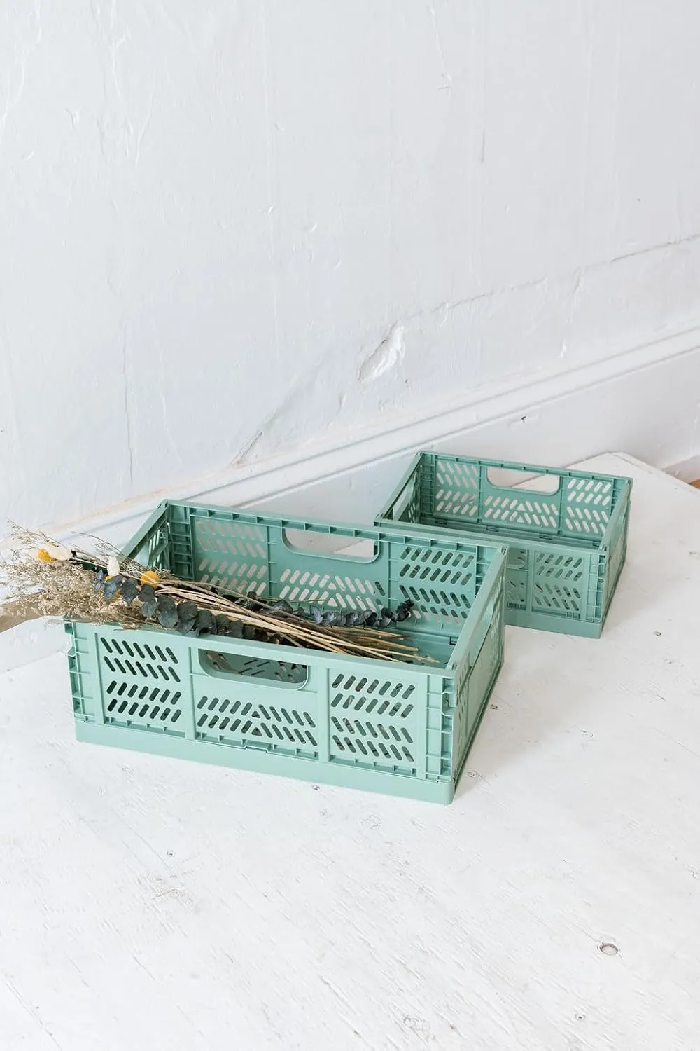 3 Sprouts Recycled Plastic Collapsible Crate - Stackable Folding Storage Crate for Organization for Adults & Kids - Foldable Plastic Crate - Large - Green