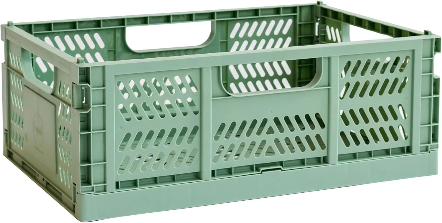 3 Sprouts Recycled Plastic Collapsible Crate - Stackable Folding Storage Crate for Organization for Adults & Kids - Foldable Plastic Crate - Large - Green