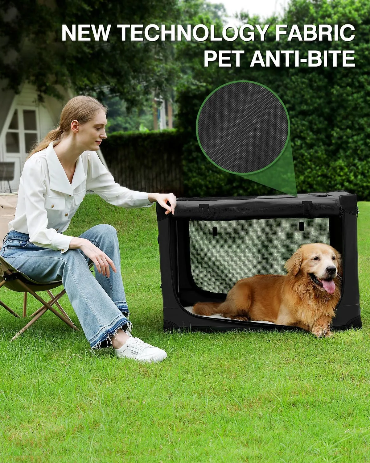 30 Inch Collapsible Travel Dog Crate for Medium Large Dogs, Portable Dog Crate 4-Door Foldable Soft Kennel with Chew-Proof Mesh Windows for Indoor & Outdoor Travel,with Storage Bag,Black
