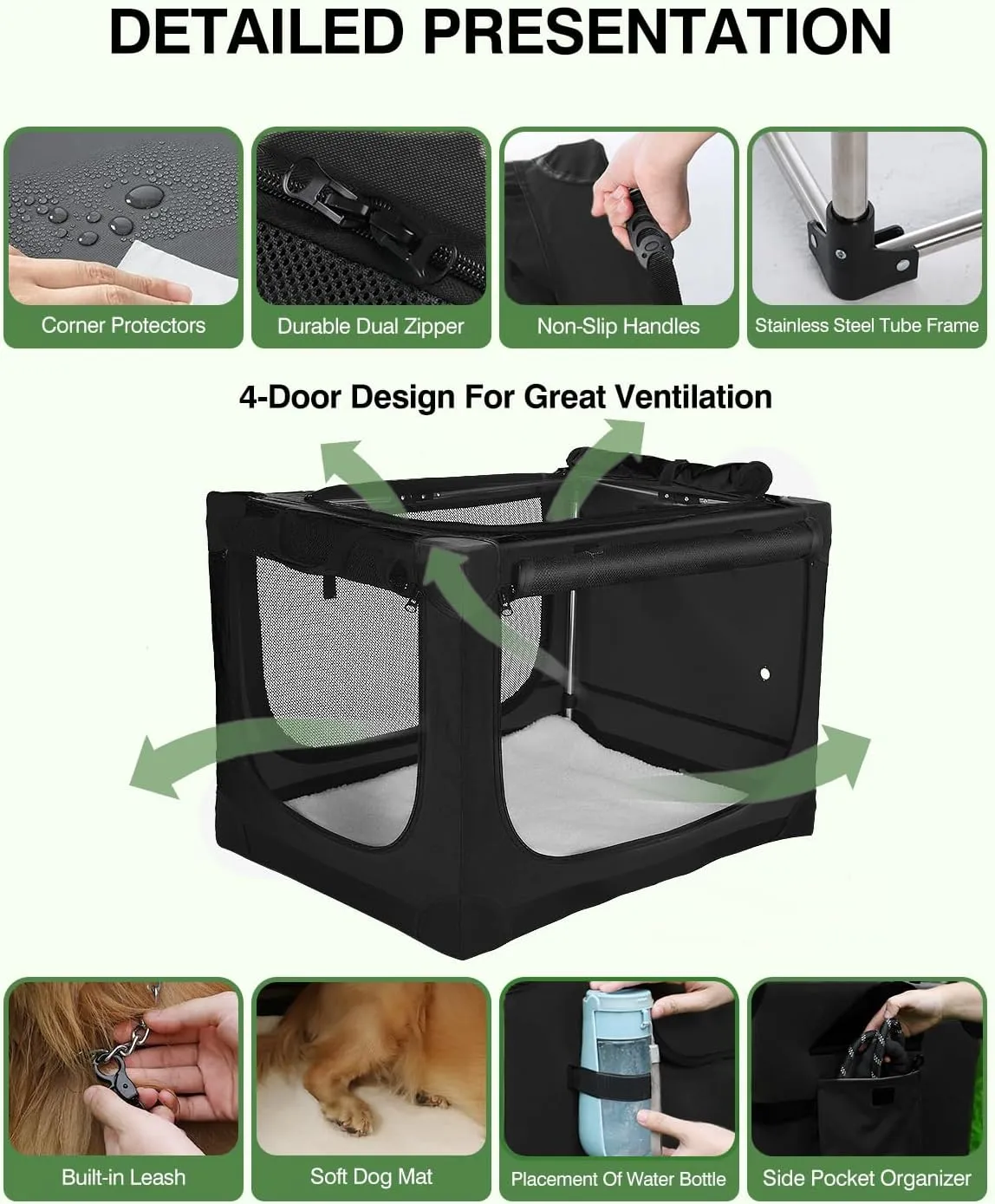 30 Inch Collapsible Travel Dog Crate for Medium Large Dogs, Portable Dog Crate 4-Door Foldable Soft Kennel with Chew-Proof Mesh Windows for Indoor & Outdoor Travel,with Storage Bag,Black