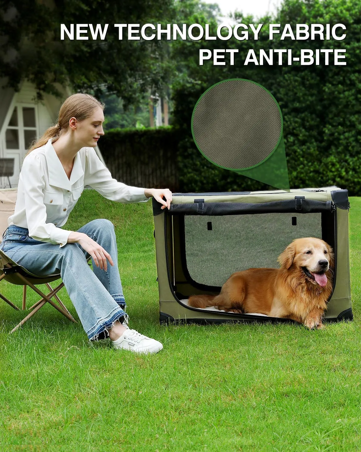30 Inch Collapsible Travel Dog Crate for Medium Large Dogs, Portable Dog Crate 4-Door Foldable Soft Kennel with Chew-Proof Mesh Windows for Indoor & Outdoor Travel,with Storage Bag,Green