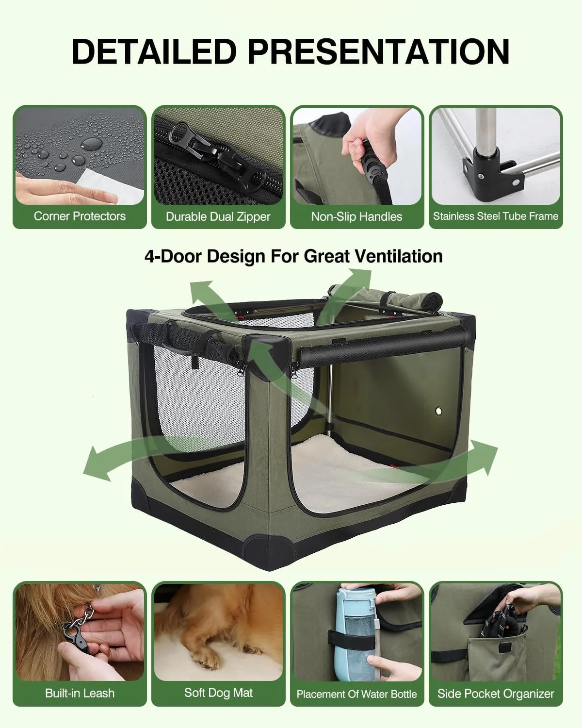 30 Inch Collapsible Travel Dog Crate for Medium Large Dogs, Portable Dog Crate 4-Door Foldable Soft Kennel with Chew-Proof Mesh Windows for Indoor & Outdoor Travel,with Storage Bag,Green