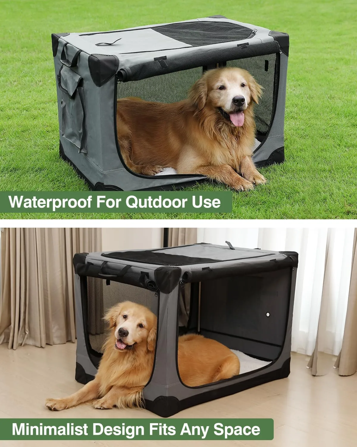 30 Inch Collapsible Travel Dog Crate for Medium Large Dogs, Portable Dog Crate 4-Door Foldable Soft Kennel with Chew-Proof Mesh Windows for Indoor & Outdoor Travel,with Storage Bag,Grey