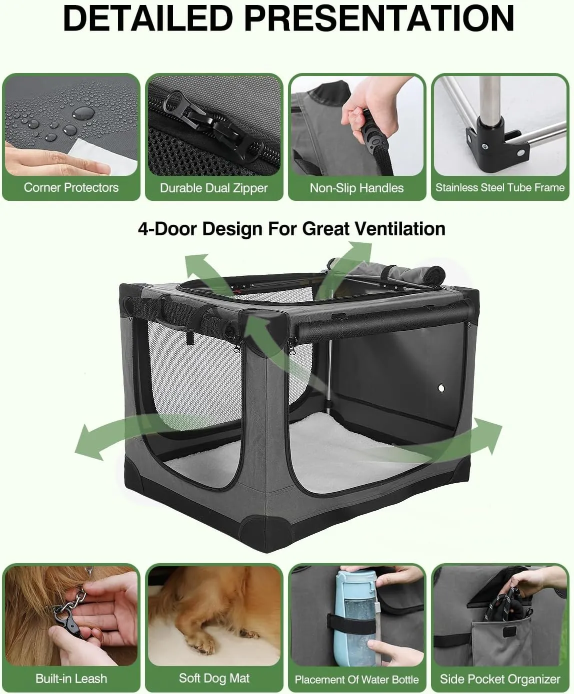 30 Inch Collapsible Travel Dog Crate for Medium Large Dogs, Portable Dog Crate 4-Door Foldable Soft Kennel with Chew-Proof Mesh Windows for Indoor & Outdoor Travel,with Storage Bag,Grey