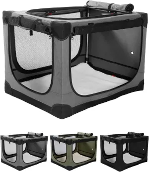 30 Inch Collapsible Travel Dog Crate for Medium Large Dogs, Portable Dog Crate 4-Door Foldable Soft Kennel with Chew-Proof Mesh Windows for Indoor & Outdoor Travel,with Storage Bag,Grey