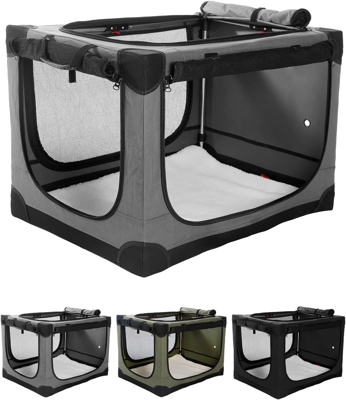 30 Inch Collapsible Travel Dog Crate for Medium Large Dogs, Portable Dog Crate 4-Door Foldable Soft Kennel with Chew-Proof Mesh Windows for Indoor & Outdoor Travel,with Storage Bag,Grey