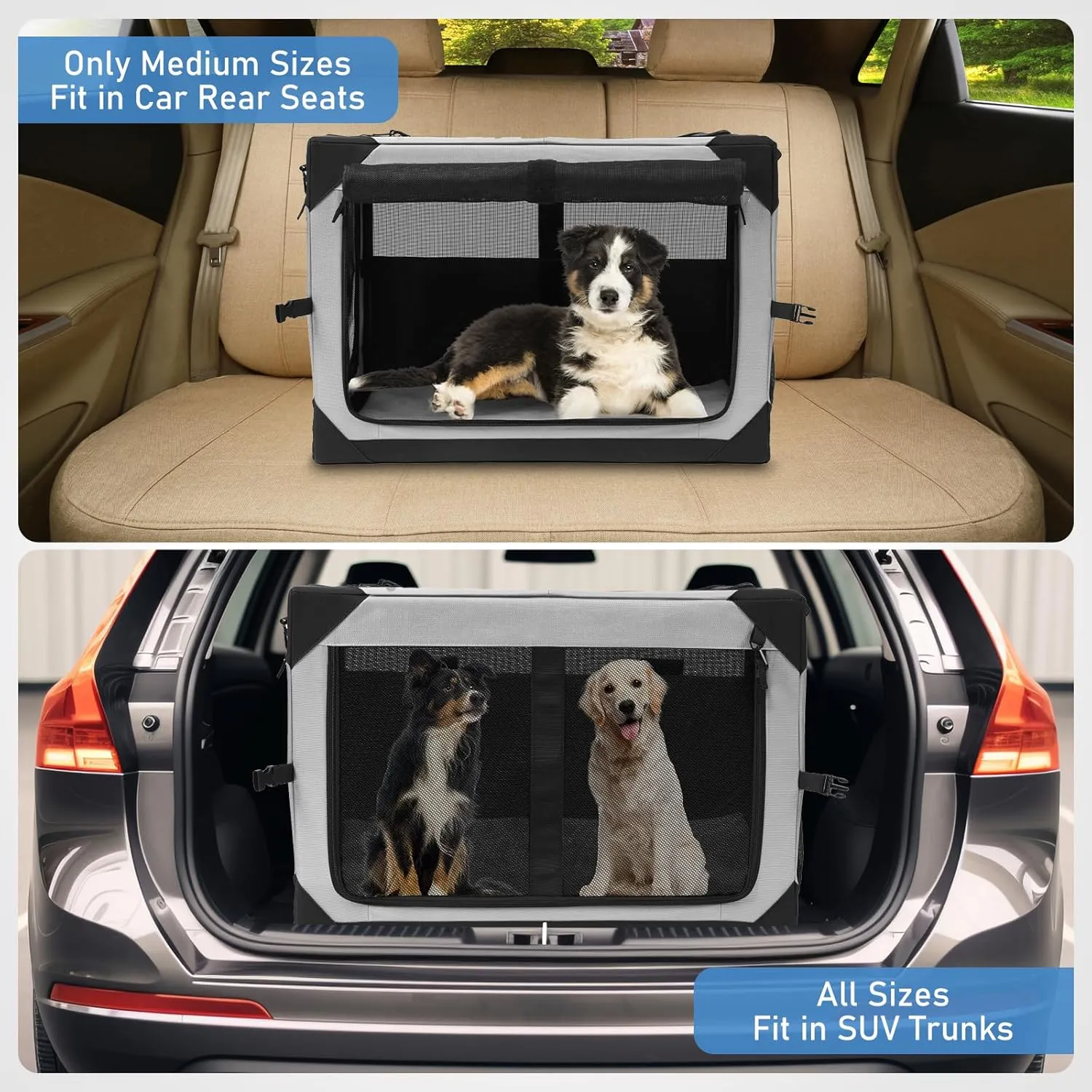 36 Inch Collapsible Dog Crate, Portable Travel Kennel for Large Dog, 4-Door Soft Foldable Pet Crate with Durable Mesh Windows,Indoor/Outdoor Use, Grey