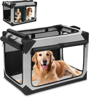 36 Inch Collapsible Dog Crate, Portable Travel Kennel for Large Dog, 4-Door Soft Foldable Pet Crate with Durable Mesh Windows,Indoor/Outdoor Use, Grey