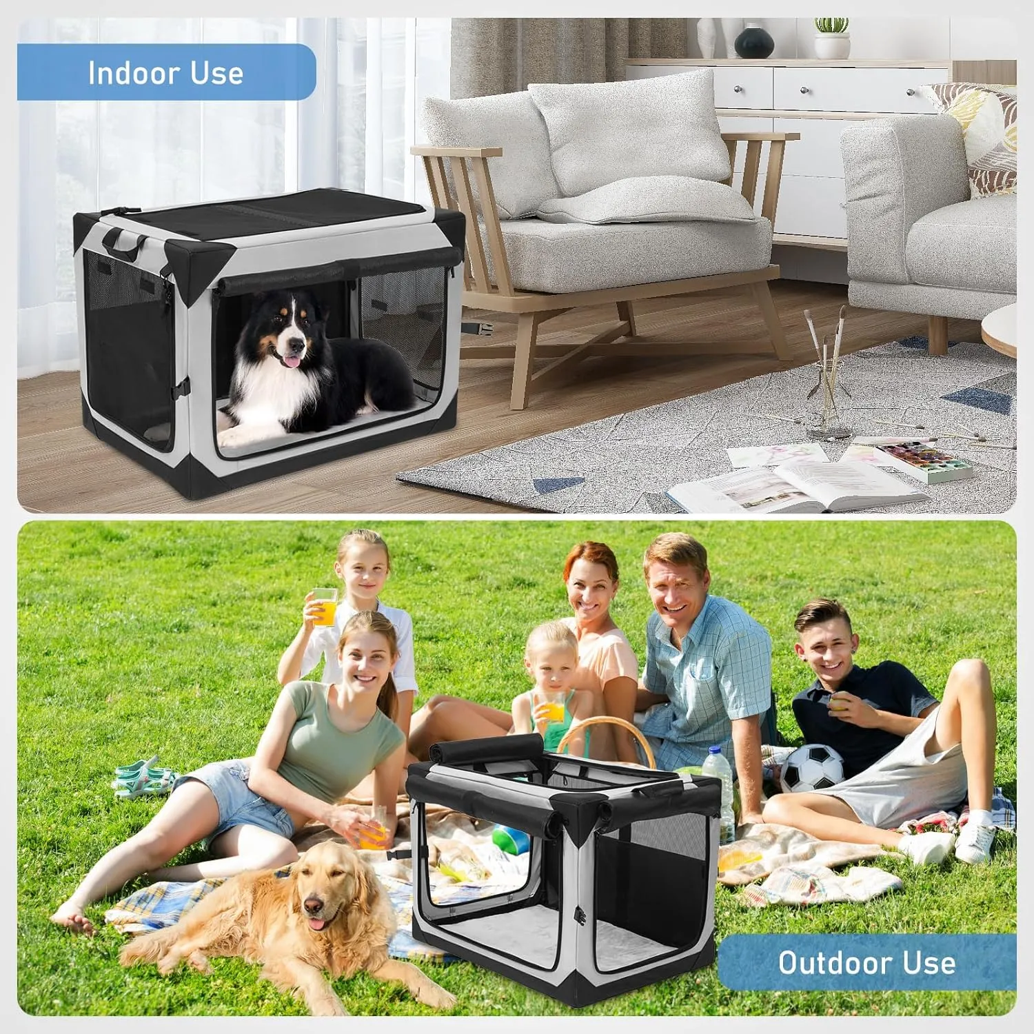 36 Inch Collapsible Dog Crate, Portable Travel Kennel for Large Dog, 4-Door Soft Foldable Pet Crate with Durable Mesh Windows,Indoor/Outdoor Use, Grey