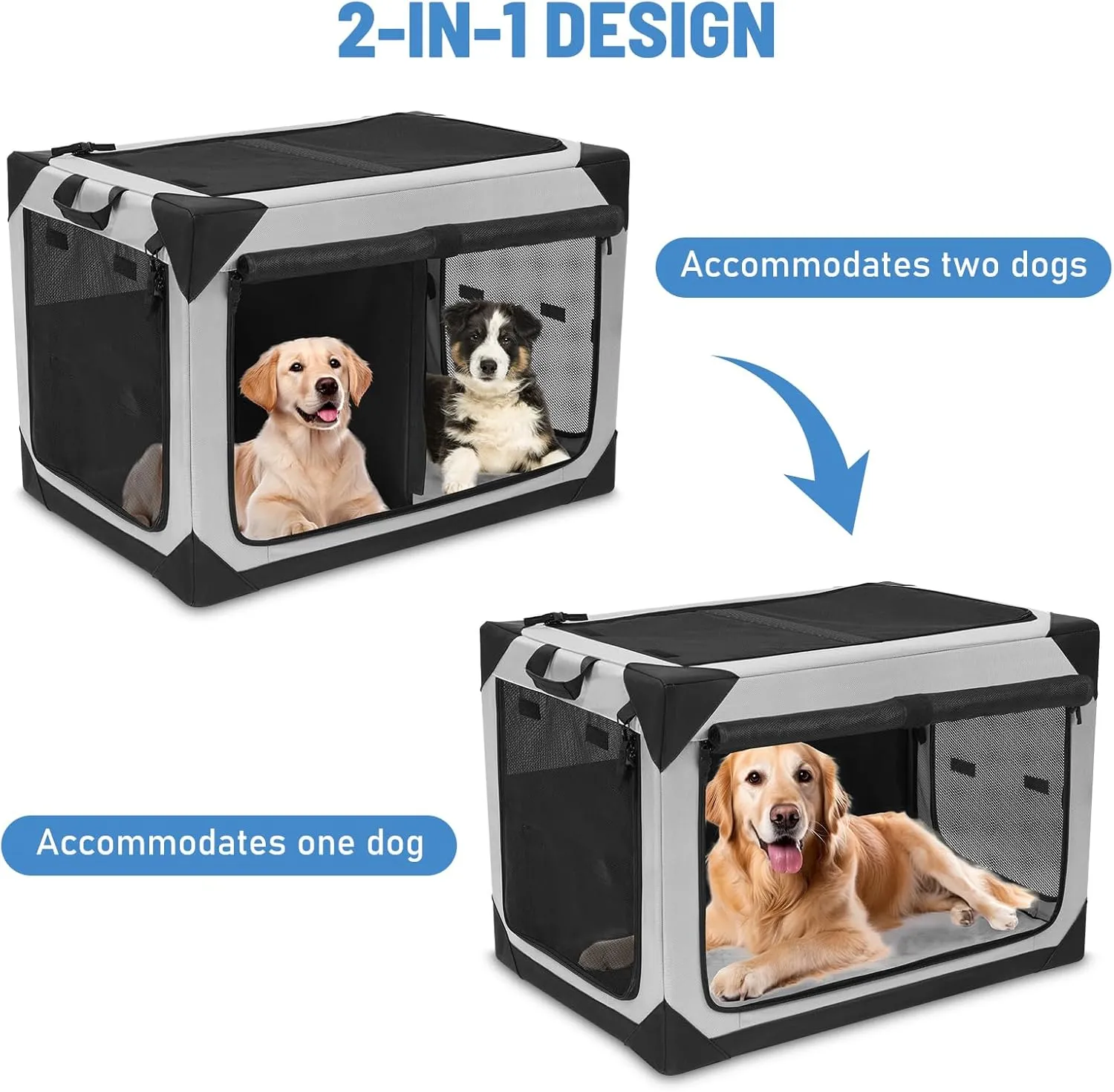 36 Inch Collapsible Dog Crate, Portable Travel Kennel for Large Dog, 4-Door Soft Foldable Pet Crate with Durable Mesh Windows,Indoor/Outdoor Use, Grey