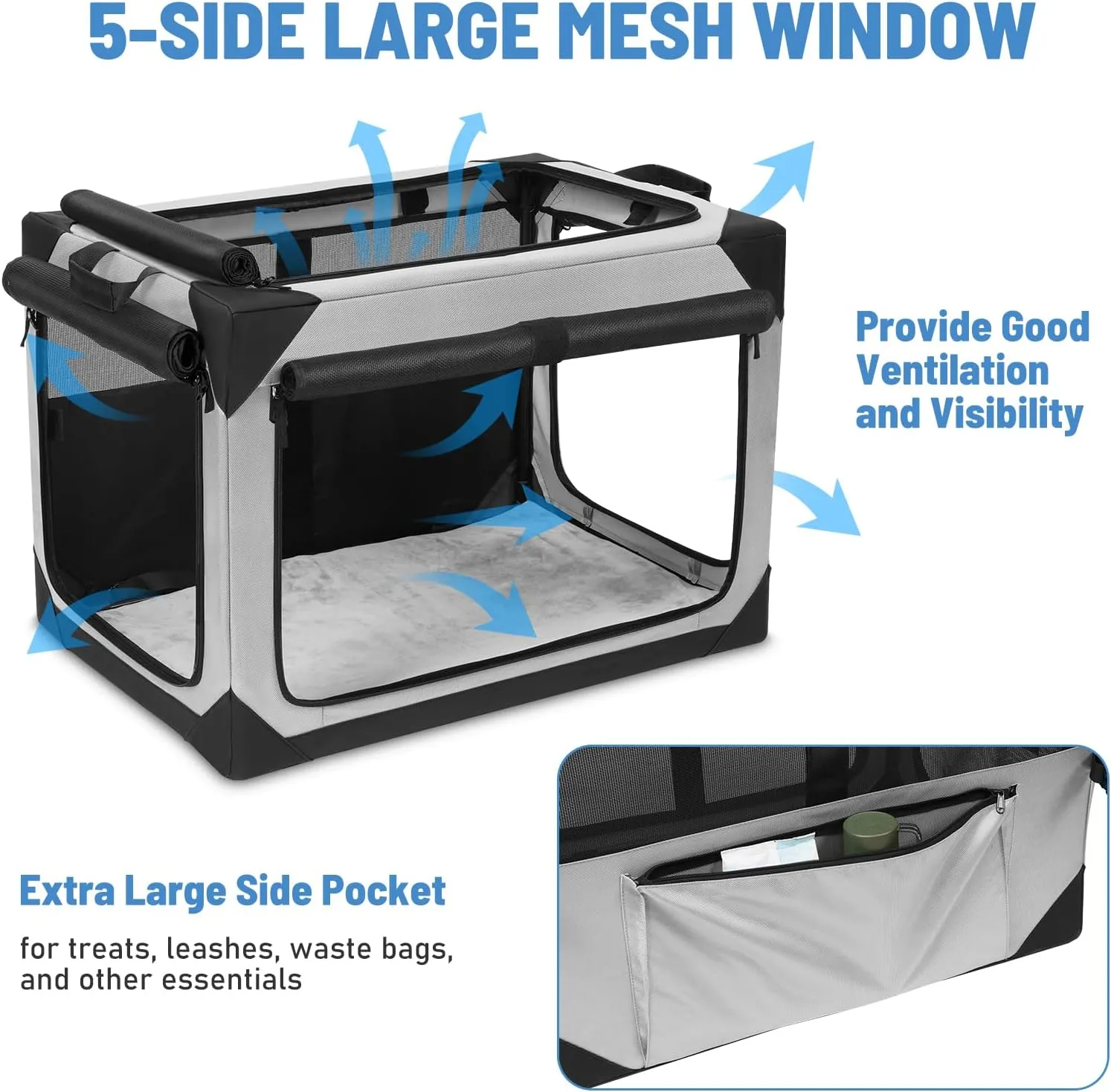 36 Inch Collapsible Dog Crate, Portable Travel Kennel for Large Dog, 4-Door Soft Foldable Pet Crate with Durable Mesh Windows,Indoor/Outdoor Use, Grey