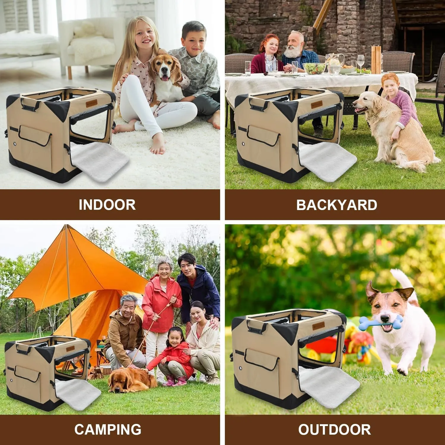 36 Inch Collapsible Soft Dog Crate for Large Dogs, 4-Door Foldable Travel Dog Kennel with Durable Mesh Windows for Indoor & Outdoor Portable Pet Crate, Soft Side Dog Crate, Beige