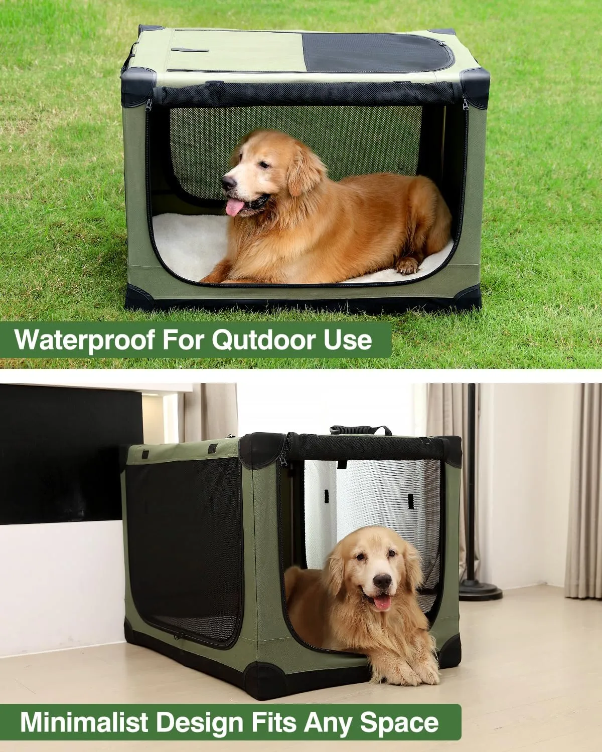 36 Inch Collapsible Travel Dog Crate for Medium Large Dogs, Portable Dog Crate 4-Door Foldable Soft Kennel with Chew-Proof Mesh Windows for Indoor & Outdoor Travel,with Storage Bag,Green