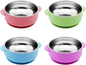 4 Pack 304 Stainless Steel Baby Bowls with Suction & Removable Non-Slip Silicone Shell, Anti-Scald Snack Bowls for Toddlers & Kids Feeding  BPA-Free, Easy to Clean (4 Colors)