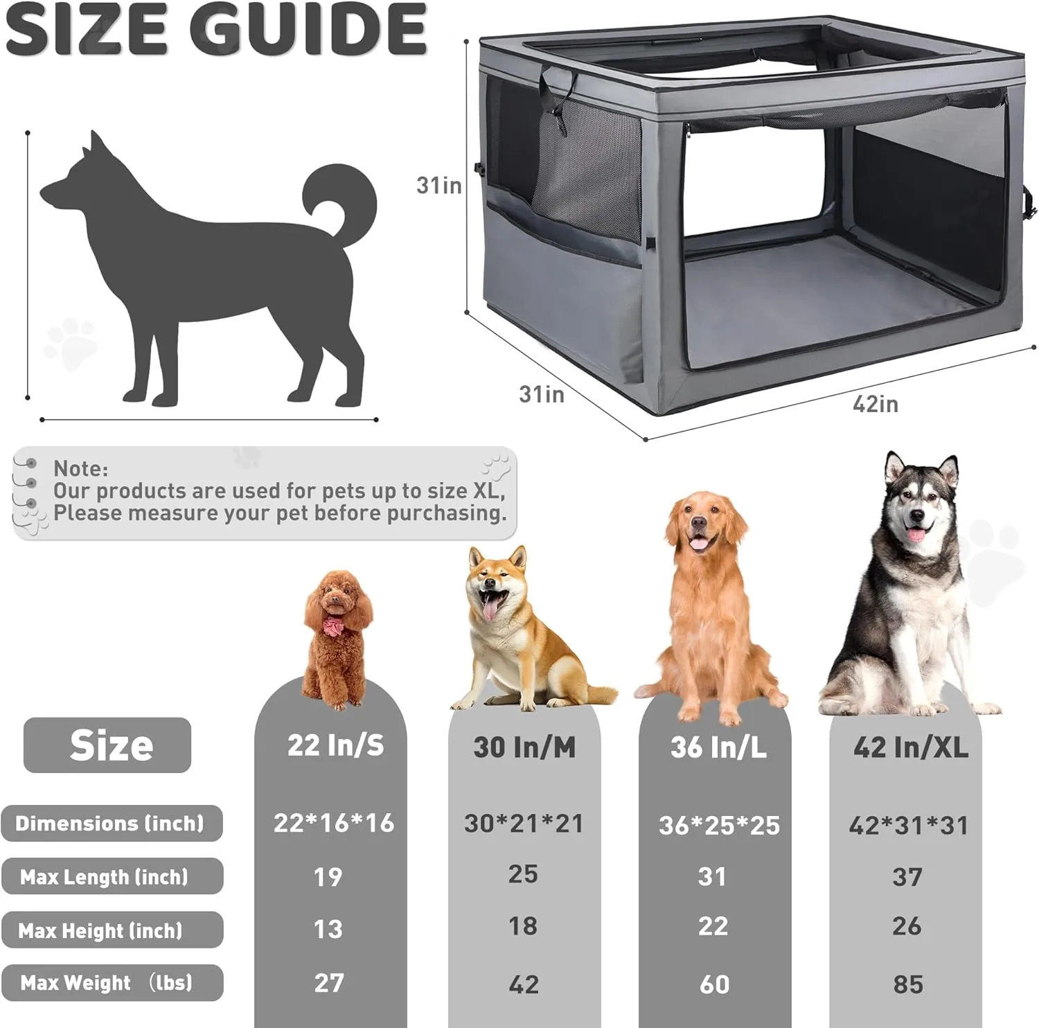 42 in Collapsible Foldable Dog Crate, 2-Window 3-Door Collapsible Soft-Sided Dog Crate for Home/car with Chew-Proof Mesh, Dog Travel Crate Airline ApprovedLarge Portable lemberi Dog Crate, Grey
