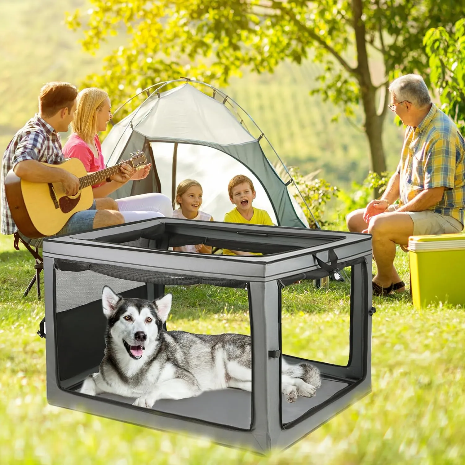 42 in Collapsible Foldable Dog Crate, 2-Window 3-Door Collapsible Soft-Sided Dog Crate for Home/car with Chew-Proof Mesh, Dog Travel Crate Airline ApprovedLarge Portable lemberi Dog Crate, Grey