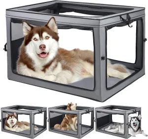 42 in Collapsible Foldable Dog Crate, 2-Window 3-Door Collapsible Soft-Sided Dog Crate for Home/car with Chew-Proof Mesh, Dog Travel Crate Airline ApprovedLarge Portable lemberi Dog Crate, Grey