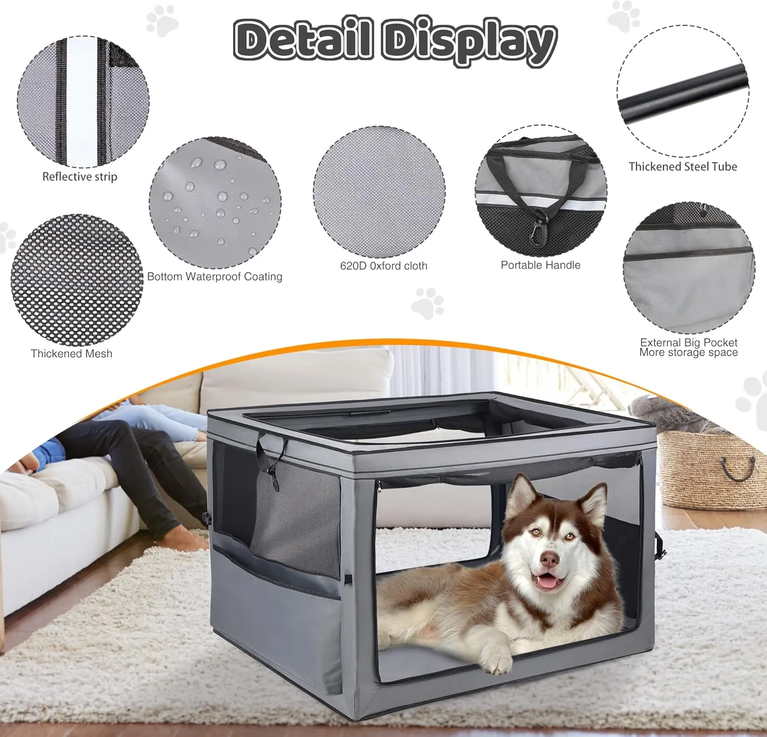 42 in Collapsible Foldable Dog Crate, 2-Window 3-Door Collapsible Soft-Sided Dog Crate for Home/car with Chew-Proof Mesh, Dog Travel Crate Airline ApprovedLarge Portable lemberi Dog Crate, Grey