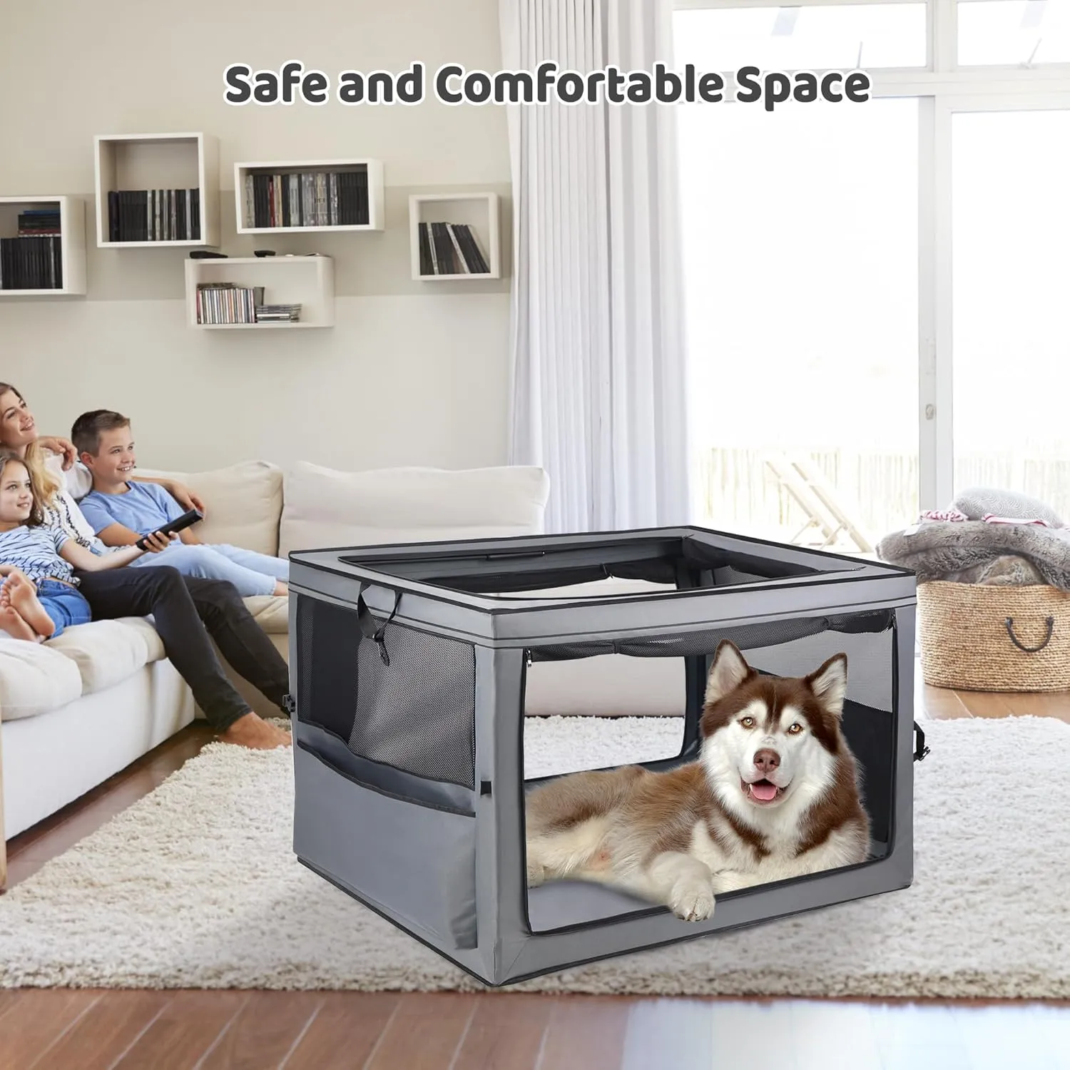 42 in Collapsible Foldable Dog Crate, 2-Window 3-Door Collapsible Soft-Sided Dog Crate for Home/car with Chew-Proof Mesh, Dog Travel Crate Airline ApprovedLarge Portable lemberi Dog Crate, Grey