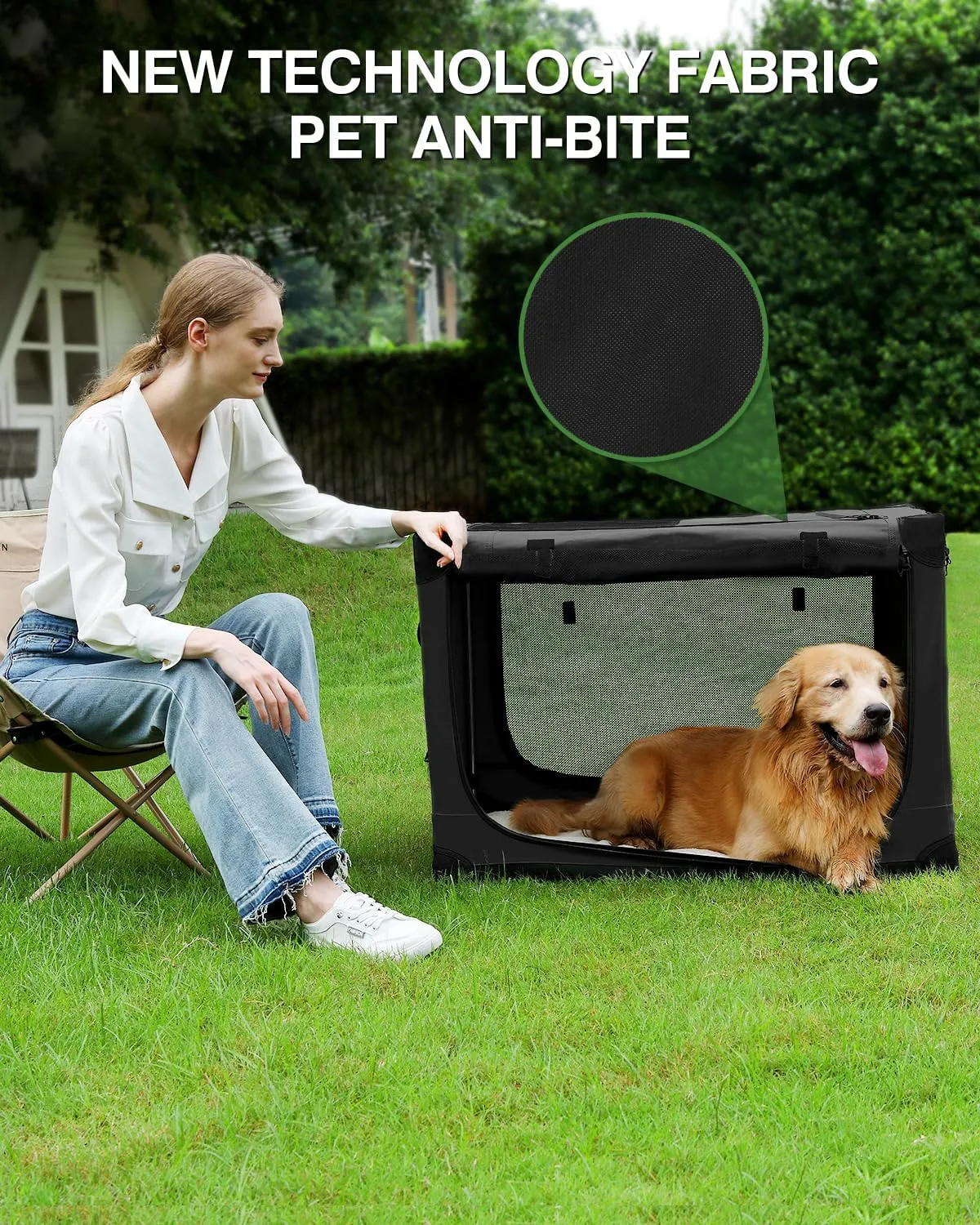 42-Inch Collapsible Travel Dog Crate, Portable 4-Door Soft Kennel for Medium to Large Dogs, Chew-Proof Mesh Windows, Indoor/Outdoor Use, Foldable, with Storage Bag (Black)