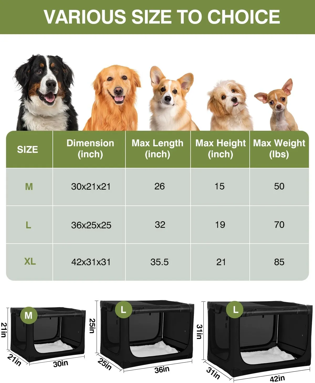 42-Inch Collapsible Travel Dog Crate, Portable 4-Door Soft Kennel for Medium to Large Dogs, Chew-Proof Mesh Windows, Indoor/Outdoor Use, Foldable, with Storage Bag (Black)