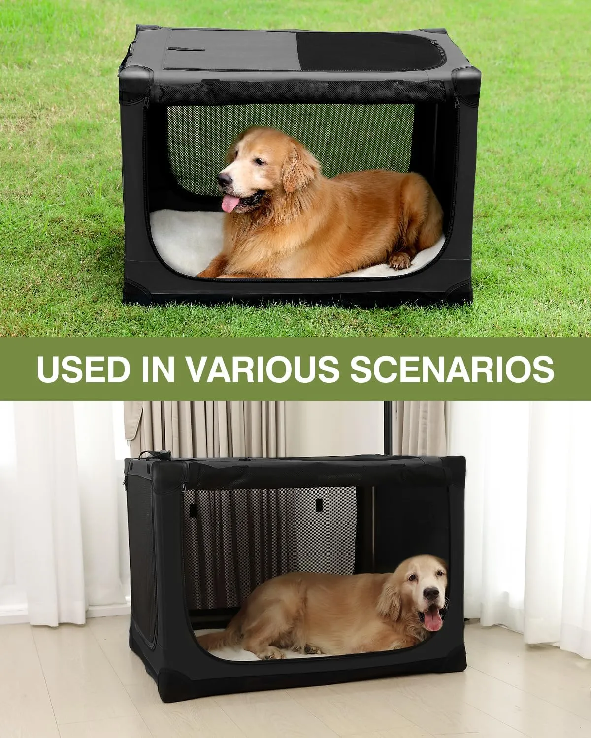 42-Inch Collapsible Travel Dog Crate, Portable 4-Door Soft Kennel for Medium to Large Dogs, Chew-Proof Mesh Windows, Indoor/Outdoor Use, Foldable, with Storage Bag (Black)