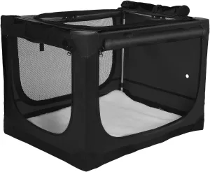42-Inch Collapsible Travel Dog Crate, Portable 4-Door Soft Kennel for Medium to Large Dogs, Chew-Proof Mesh Windows, Indoor/Outdoor Use, Foldable, with Storage Bag (Black)