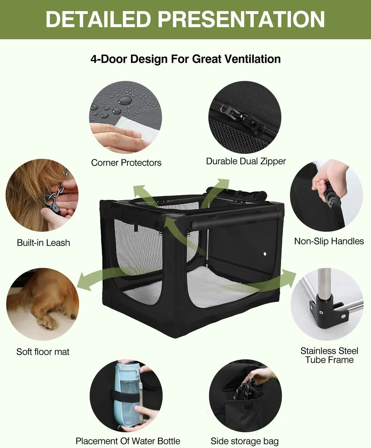 42-Inch Collapsible Travel Dog Crate, Portable 4-Door Soft Kennel for Medium to Large Dogs, Chew-Proof Mesh Windows, Indoor/Outdoor Use, Foldable, with Storage Bag (Black)