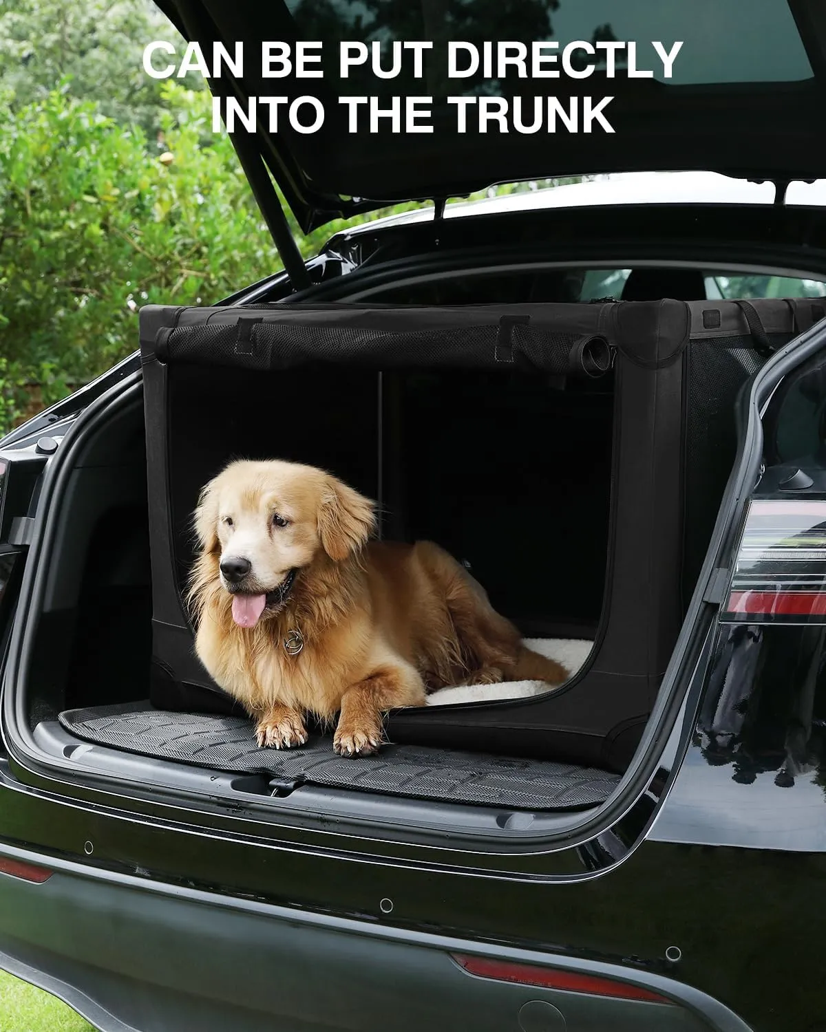 42-Inch Collapsible Travel Dog Crate, Portable 4-Door Soft Kennel for Medium to Large Dogs, Chew-Proof Mesh Windows, Indoor/Outdoor Use, Foldable, with Storage Bag (Black)