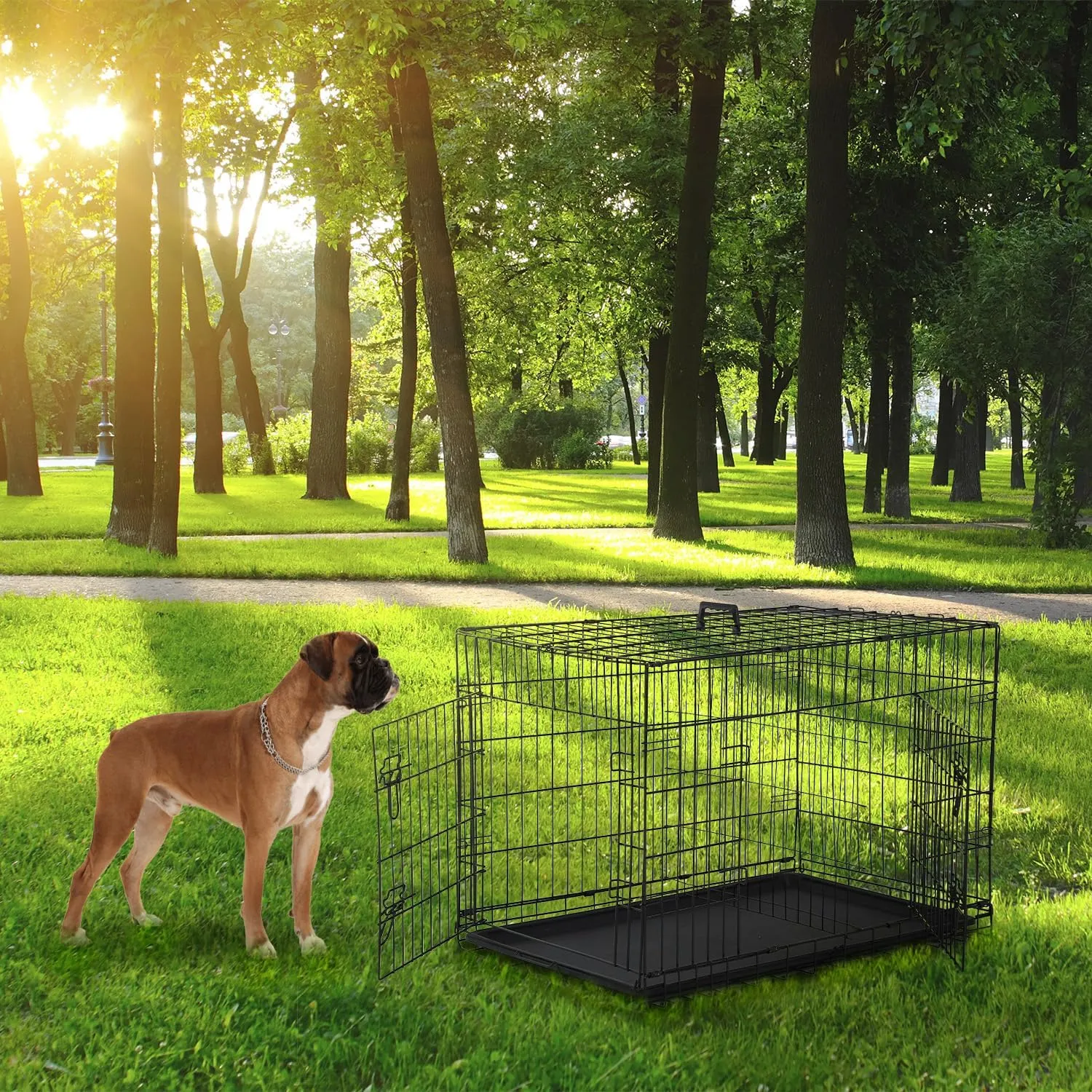 42 Inch Dog Crate for Large Dogs Dog Kennel Pet Crate for Large Dogs Folding Metal Pet Cage Double Door Leak-Proof Plastic Tray Wire Medium Large Animal Cage Pet Kennel for Indoor,Outdoor (Black, 42")