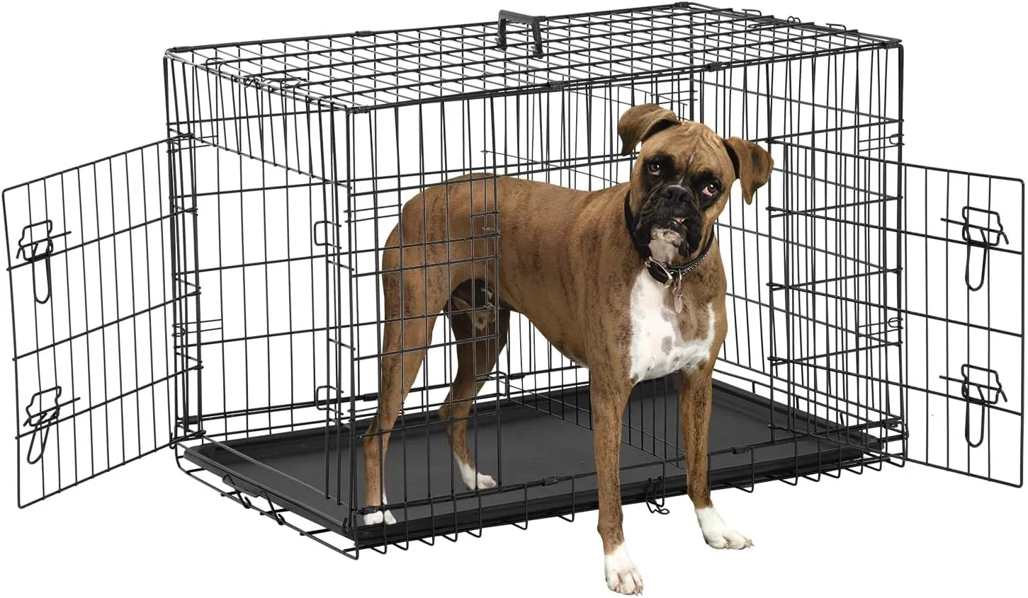 42 Inch Dog Crate for Large Dogs Dog Kennel Pet Crate for Large Dogs Folding Metal Pet Cage Double Door Leak-Proof Plastic Tray Wire Medium Large Animal Cage Pet Kennel for Indoor,Outdoor (Black, 42")