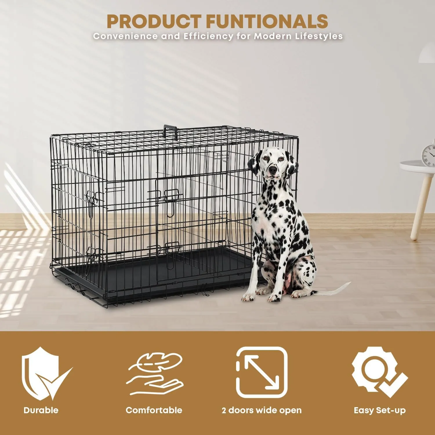 42 Inch Dog Crate for Large Dogs Dog Kennel Pet Crate for Large Dogs Folding Metal Pet Cage Double Door Leak-Proof Plastic Tray Wire Medium Large Animal Cage Pet Kennel for Indoor,Outdoor (Black, 42")