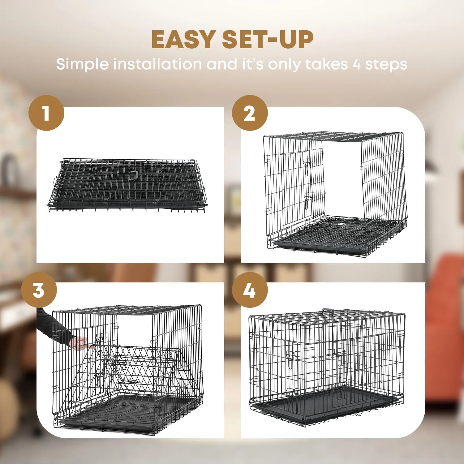 42 Inch Dog Crate for Large Dogs Dog Kennel Pet Crate for Large Dogs Folding Metal Pet Cage Double Door Leak-Proof Plastic Tray Wire Medium Large Animal Cage Pet Kennel for Indoor,Outdoor (Black, 42")