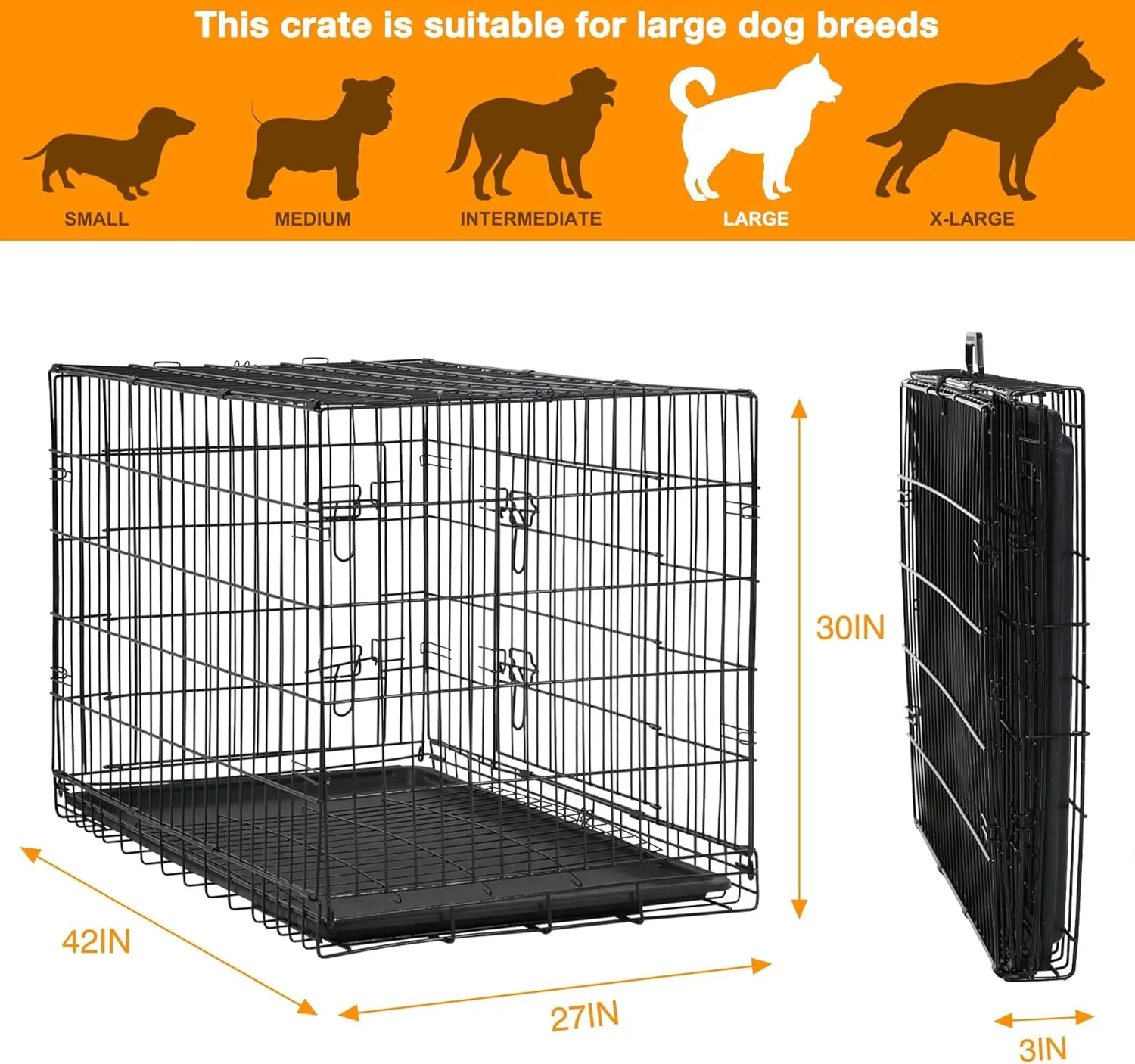 42 Inch Dog Crate for Large Dogs Dog Kennel Pet Crate for Large Dogs Folding Metal Pet Cage Double Door Leak-Proof Plastic Tray Wire Medium Large Animal Cage Pet Kennel for Indoor,Outdoor (Black, 42")