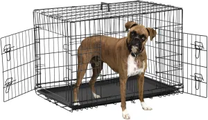 42 Inch Dog Crate for Large Dogs Dog Kennel Pet Crate for Large Dogs Folding Metal Pet Cage Double Door Leak-Proof Plastic Tray Wire Medium Large Animal Cage Pet Kennel for Indoor,Outdoor (Black, 42")