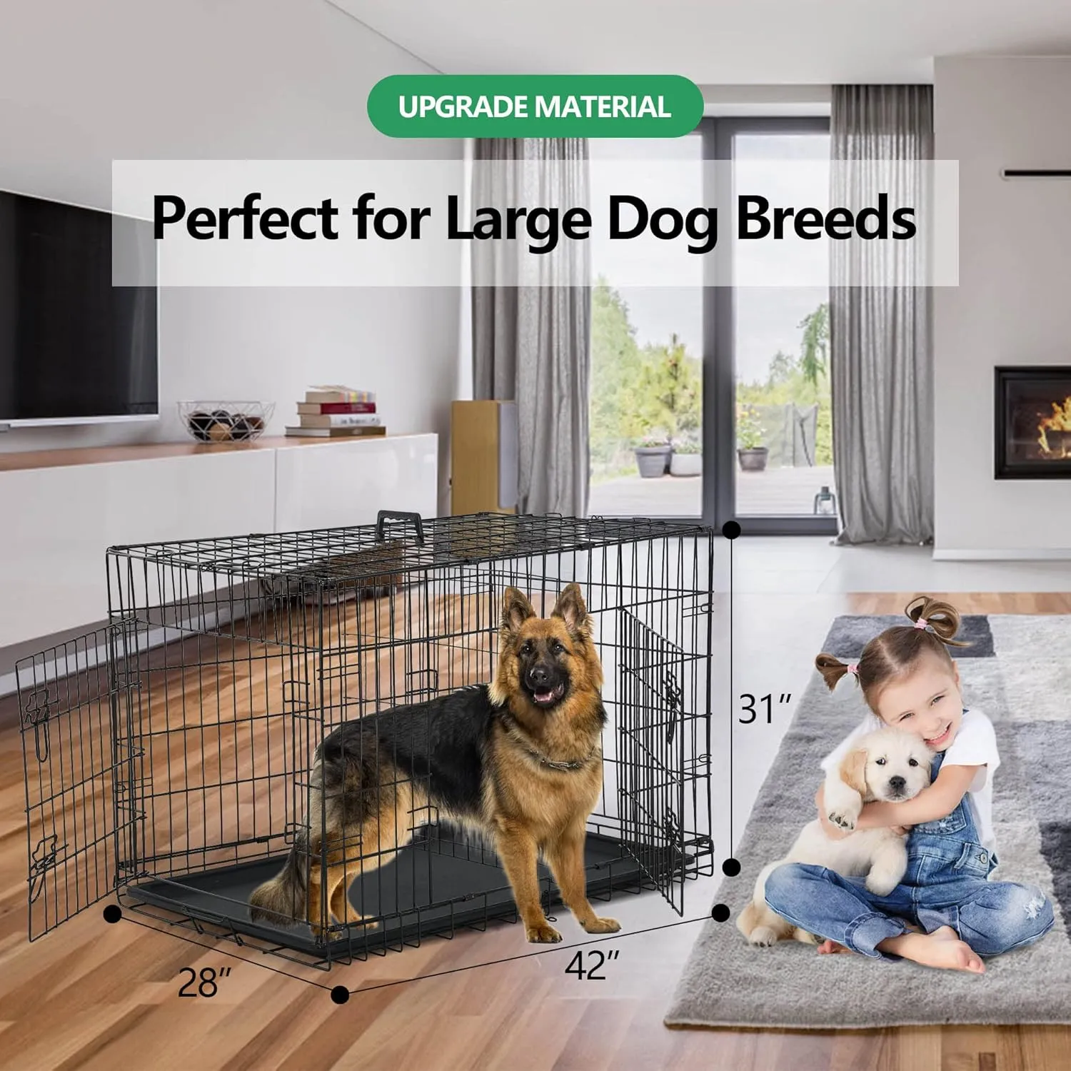 42 Inch Extra Large Dog Crate, Heavy Duty Dog Crates for Large Dogs, Metal Wire Folding Dog Cage with Removable Trays, Locks, Double-Door, Divider Panel, Handle, XL Dog Crate Pet Crate (42 in, Black)