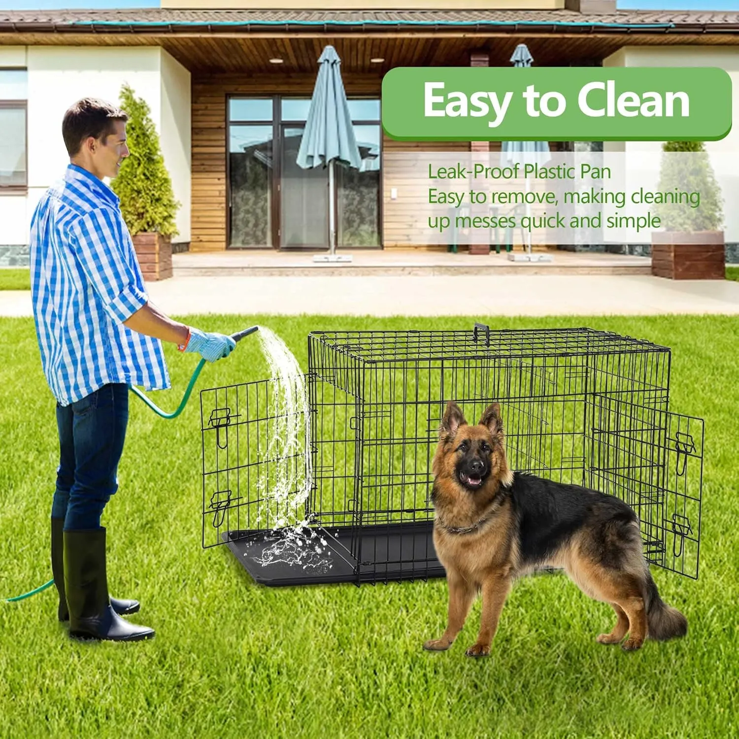42 Inch Extra Large Dog Crate, Heavy Duty Dog Crates for Large Dogs, Metal Wire Folding Dog Cage with Removable Trays, Locks, Double-Door, Divider Panel, Handle, XL Dog Crate Pet Crate (42 in, Black)