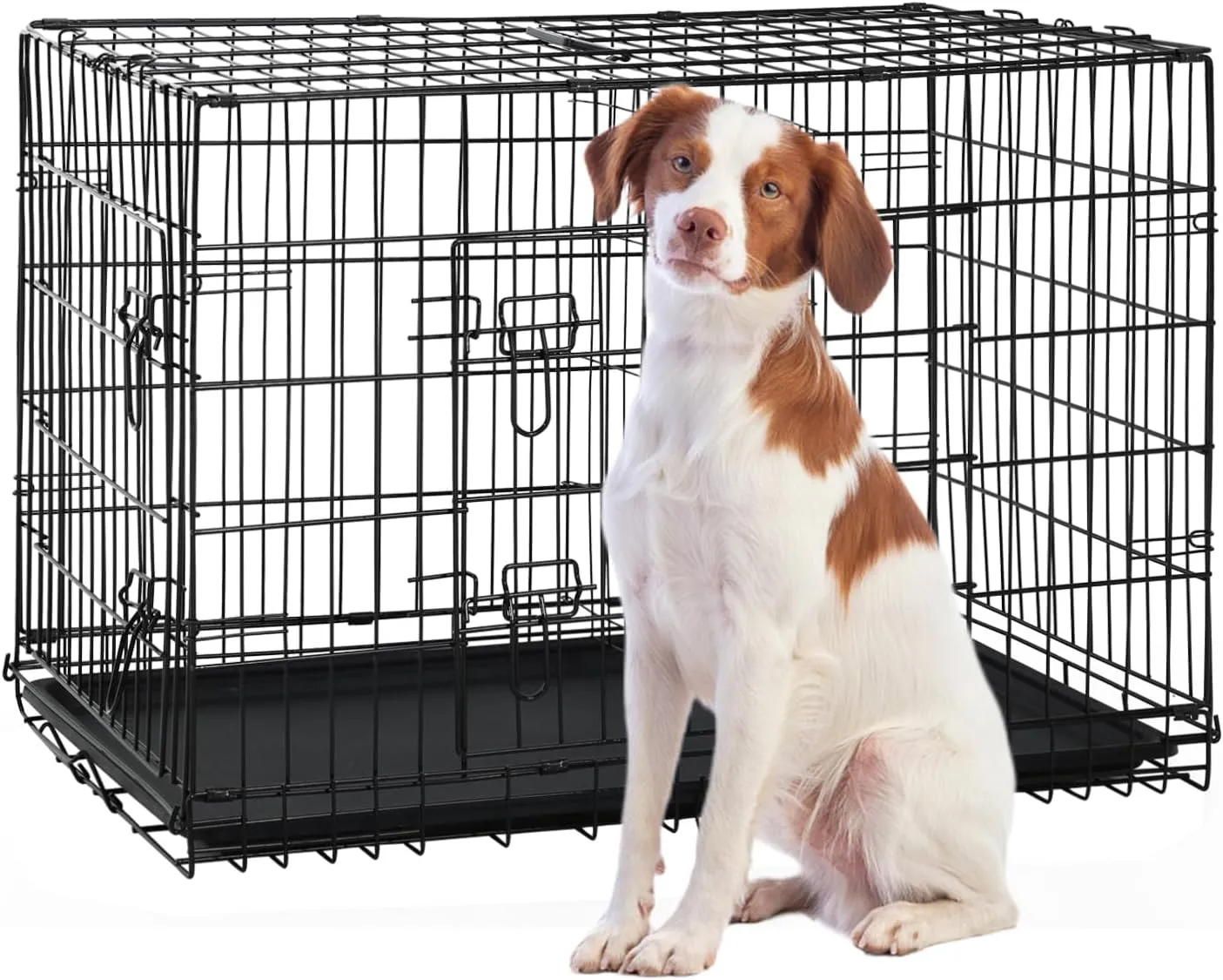 42 Inch Extra Large Dog Crate, Heavy Duty Dog Crates for Large Dogs, Metal Wire Folding Dog Cage with Removable Trays, Locks, Double-Door, Divider Panel, Handle, XL Dog Crate Pet Crate (42 in, Black)