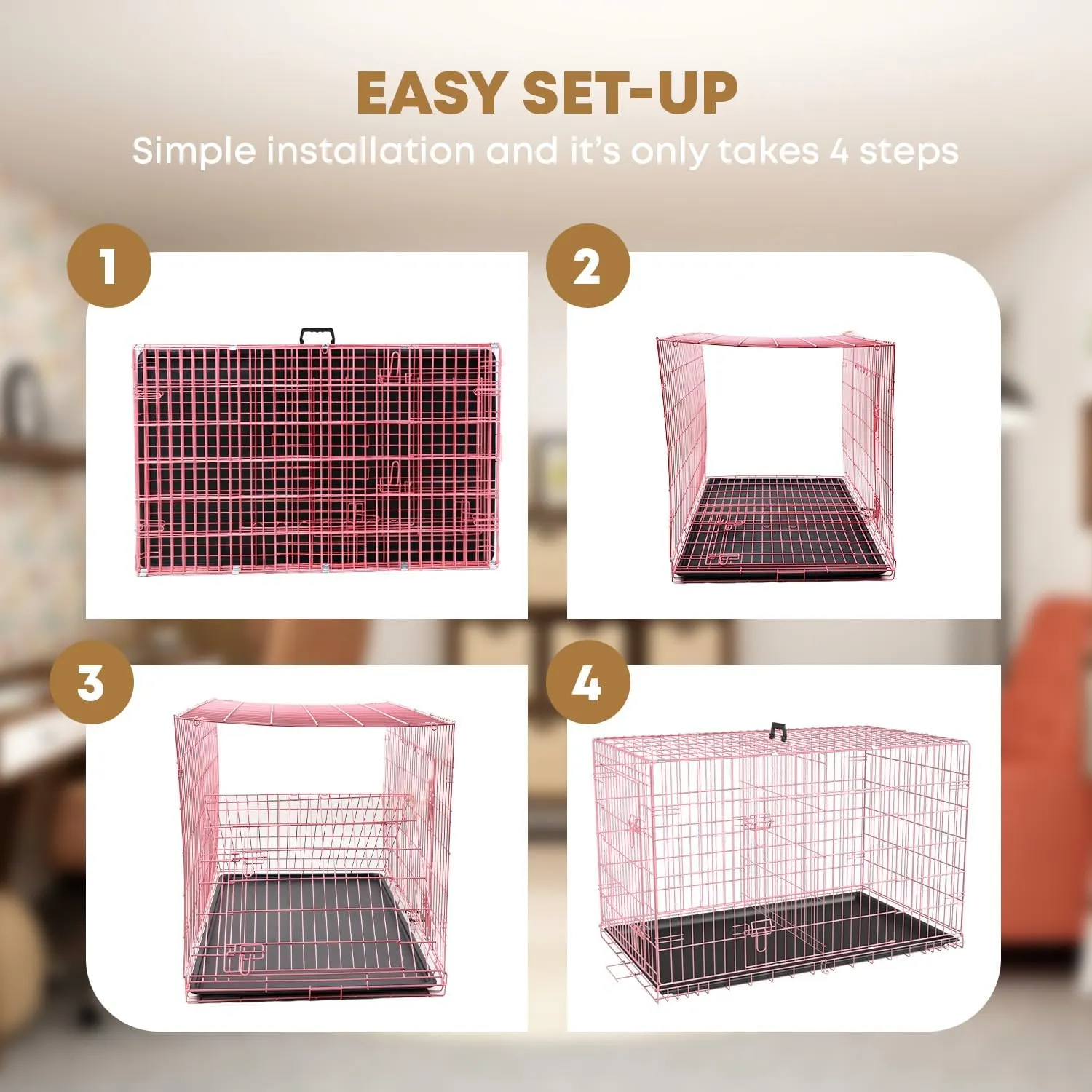 48 Inch Dog Crate Dog Kennel Folding Metal Pet Cage Pet Crate for Large Door Leak-Proof with Double-Door,Divider Panel, Removable Tray Wire Animal Cage Pet Kennel for Indoor,Outdoor L XL XXL(Pink)