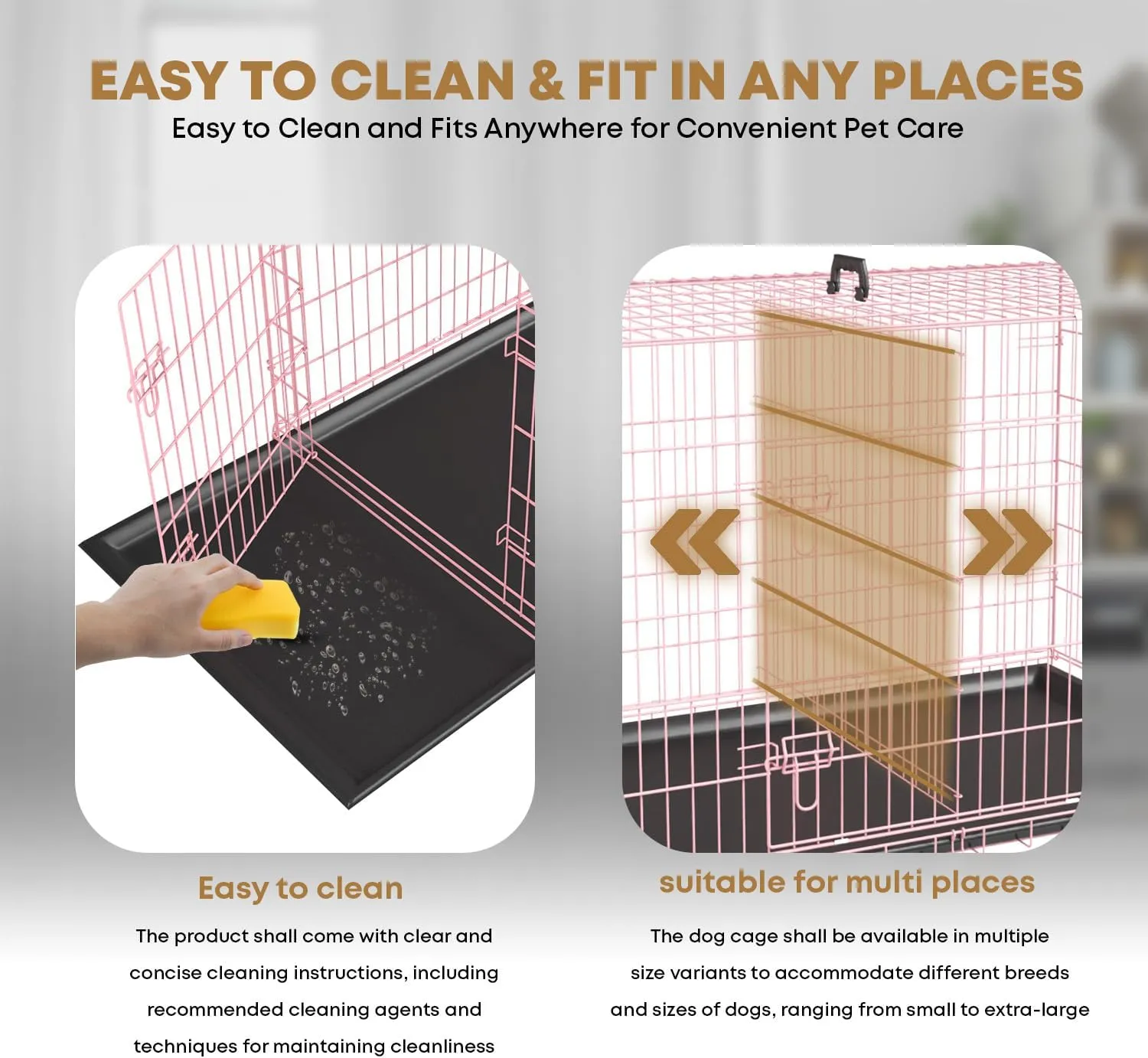 48 Inch Dog Crate Dog Kennel Folding Metal Pet Cage Pet Crate for Large Door Leak-Proof with Double-Door,Divider Panel, Removable Tray Wire Animal Cage Pet Kennel for Indoor,Outdoor L XL XXL(Pink)