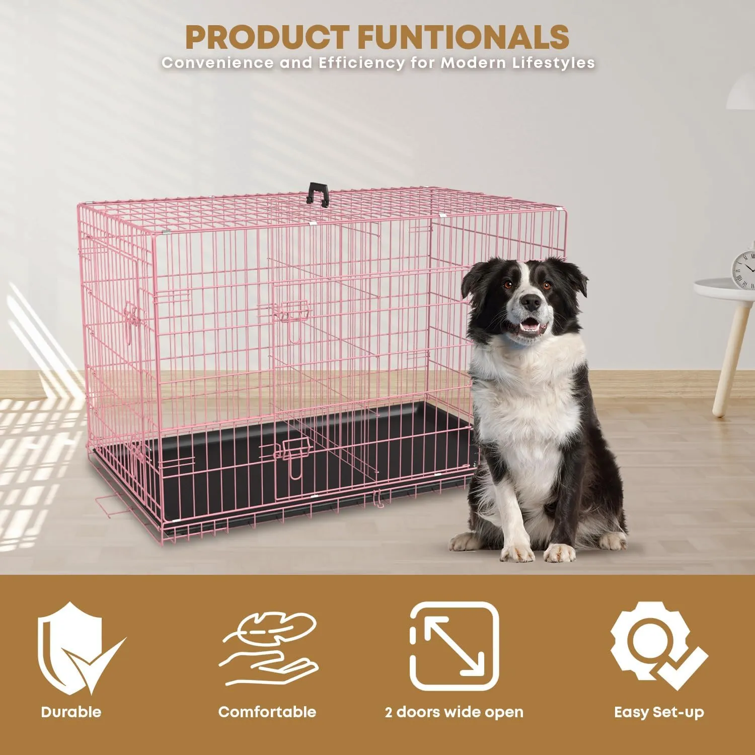 48 Inch Dog Crate Dog Kennel Folding Metal Pet Cage Pet Crate for Large Door Leak-Proof with Double-Door,Divider Panel, Removable Tray Wire Animal Cage Pet Kennel for Indoor,Outdoor L XL XXL(Pink)