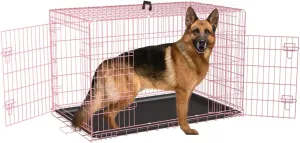 48 Inch Dog Crate Dog Kennel Folding Metal Pet Cage Pet Crate for Large Door Leak-Proof with Double-Door,Divider Panel, Removable Tray Wire Animal Cage Pet Kennel for Indoor,Outdoor L XL XXL(Pink)