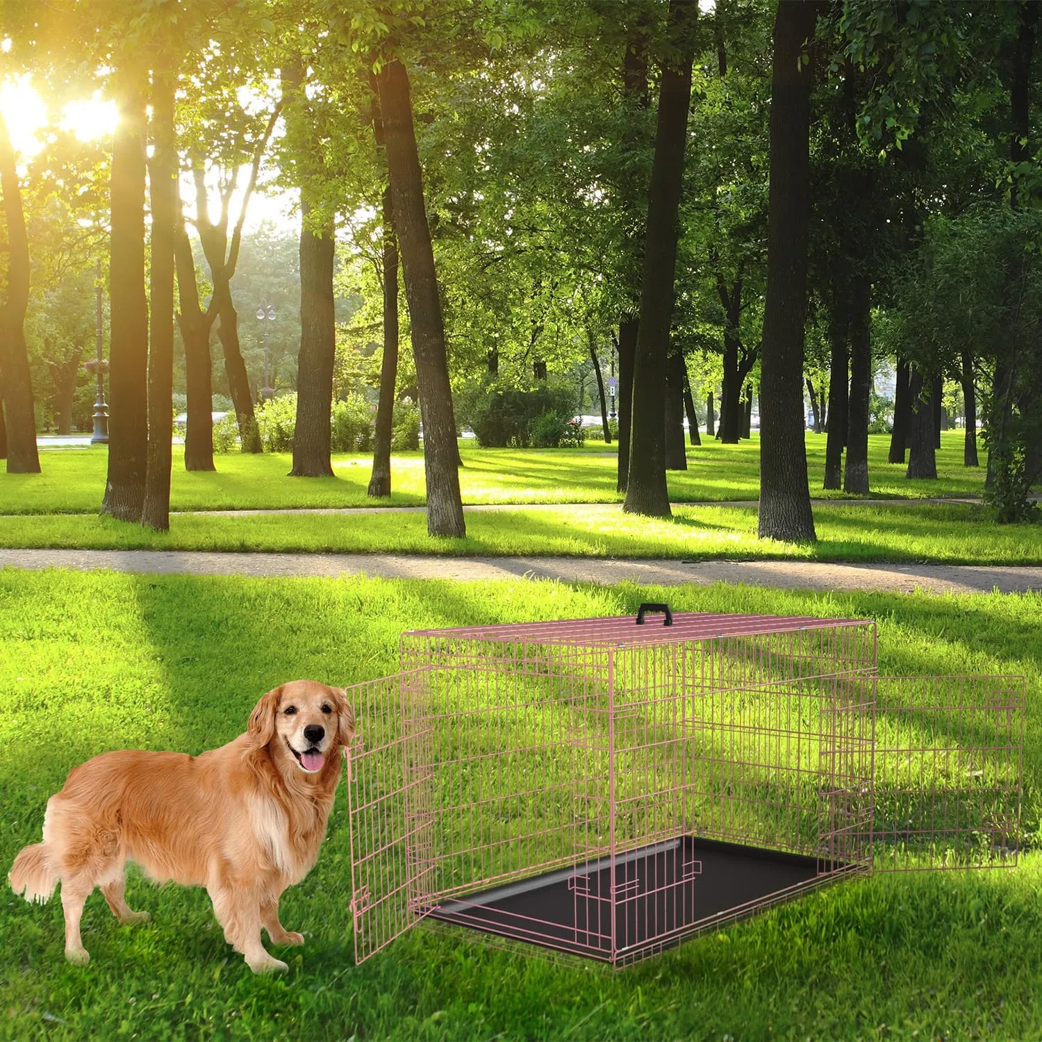 48 Inch Dog Crate Dog Kennel Folding Metal Pet Cage Pet Crate for Large Door Leak-Proof with Double-Door,Divider Panel, Removable Tray Wire Animal Cage Pet Kennel for Indoor,Outdoor L XL XXL(Pink)