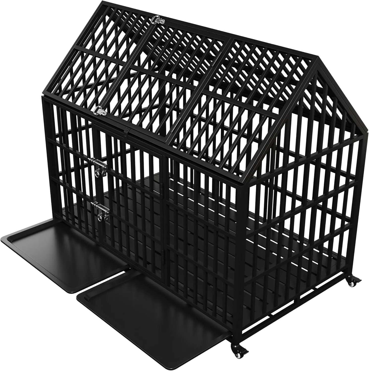 54" Heavy Duty Dog Crate Large Dog cage Strong Metal Dog Kennels and Crates for Large Dogs Top Open with 2 Doors 4 Lockable Wheels 2 Removable Trays