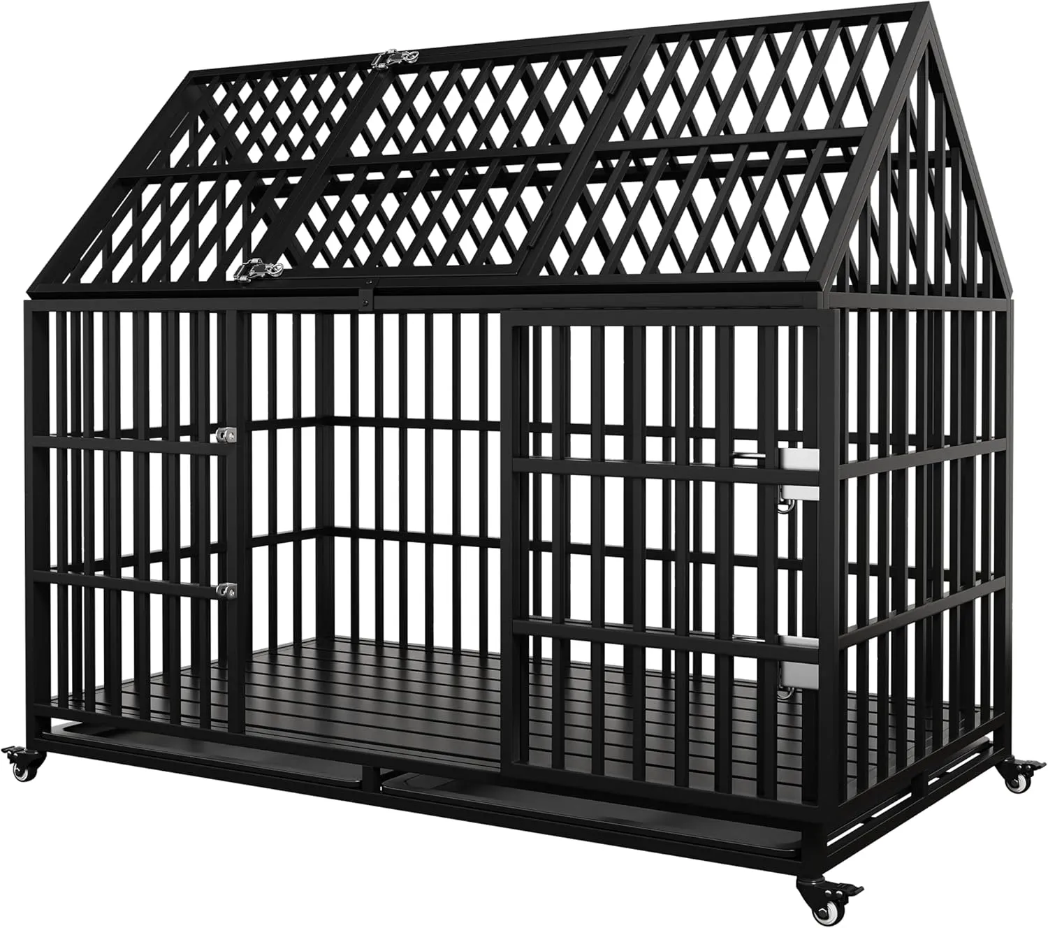 54" Heavy Duty Dog Crate Large Dog cage Strong Metal Dog Kennels and Crates for Large Dogs Top Open with 2 Doors 4 Lockable Wheels 2 Removable Trays