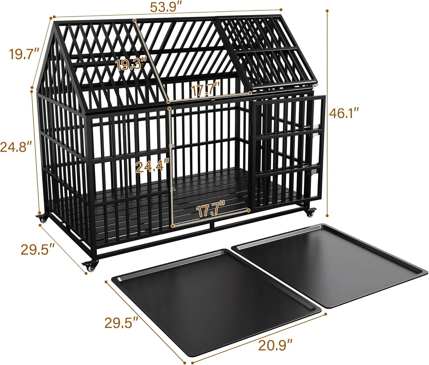 54" Heavy Duty Dog Crate Large Dog cage Strong Metal Dog Kennels and Crates for Large Dogs Top Open with 2 Doors 4 Lockable Wheels 2 Removable Trays