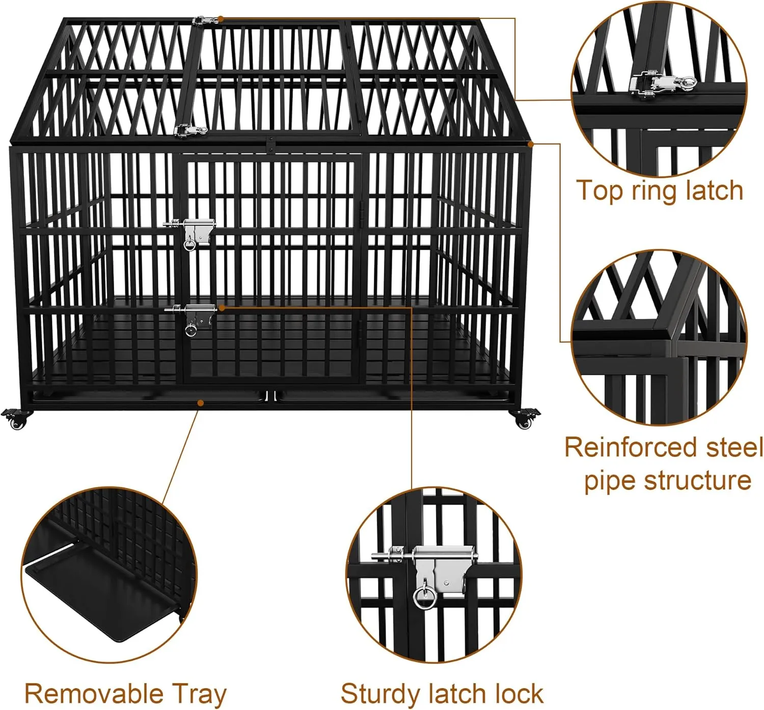 54" Heavy Duty Dog Crate Large Dog cage Strong Metal Dog Kennels and Crates for Large Dogs Top Open with 2 Doors 4 Lockable Wheels 2 Removable Trays