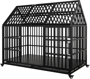 54" Heavy Duty Dog Crate Large Dog cage Strong Metal Dog Kennels and Crates for Large Dogs Top Open with 2 Doors 4 Lockable Wheels 2 Removable Trays
